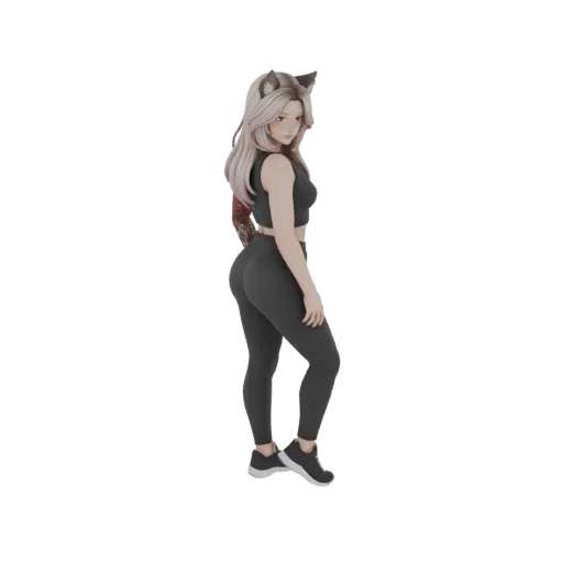 3D model of an anime cat girl with cat ears, wearing a black sports bra and leggings, looking over her shoulder.