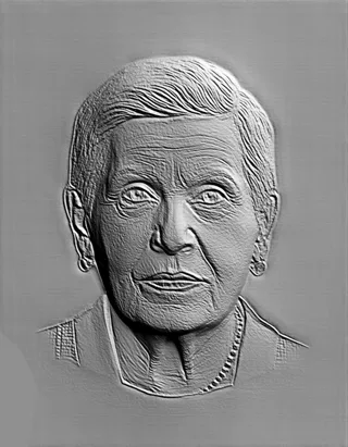 3D model of an elderly woman bas-relief with beads, rendered in gray, with high detail on wrinkles and facial features.