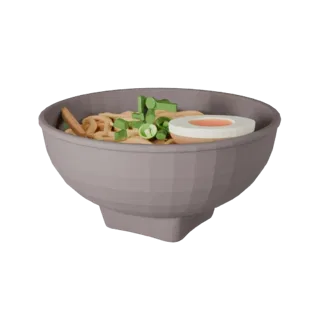 Modèle 3D prêt pour le jeu de bol de nouilles Ramen, rendu studio trois-quarts avant, montrant la silhouette du plat et le co