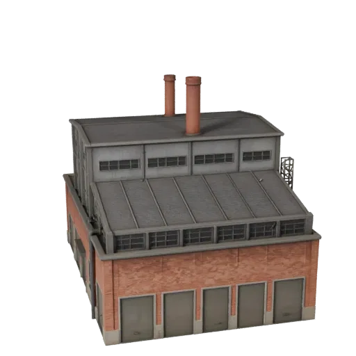 Modèle 3D stylisé de cimenterie, vue isométrique d'environnement de jeu stylisé, montrant les matériaux de construction indus