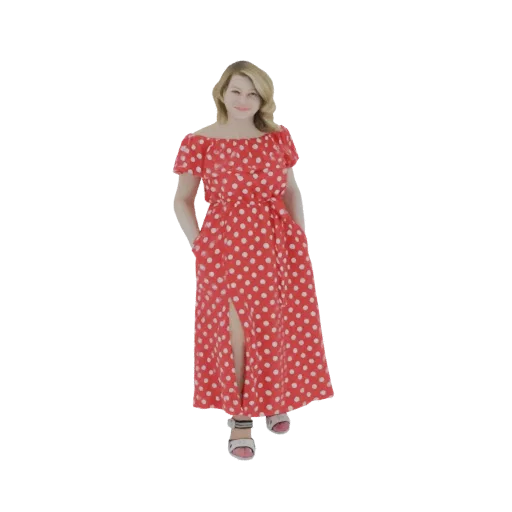 3D model of a woman wearing a red and white polka dot summer dress with an off-the-shoulder design and a high slit.