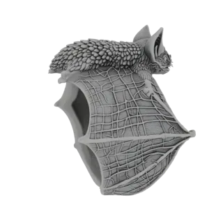 Renderizado de modelo 3D de un anillo gris con forma de murciélago gárgola con detallada textura de telaraña en sus alas y te