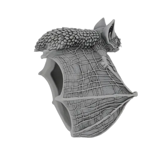 Renderizado de modelo 3D de un anillo gris con forma de murciélago gárgola con detallada textura de telaraña en sus alas y te