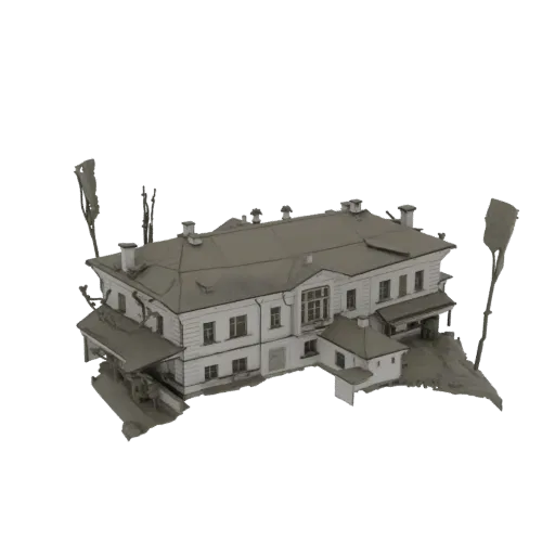 Modelo 3D de una casa señorial clásica de dos pisos con tejado a dos aguas, buhardillas y una sección central prominente, ren