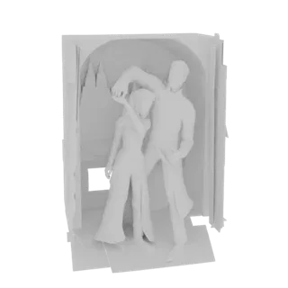 Modelo 3D de una pareja bailando apasionadamente dentro de una maqueta, renderizado en estilo monocromático.