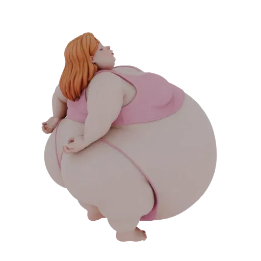 3D model of an overweight woman with auburn hair, wearing a pink bikini, in a relaxed pose.