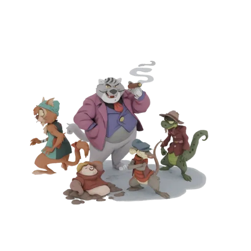 A 3D render of a group of cartoon animals: a cigar-smoking cat in a suit, a sneaky fox, a tough lizard, and a mouse, posed to