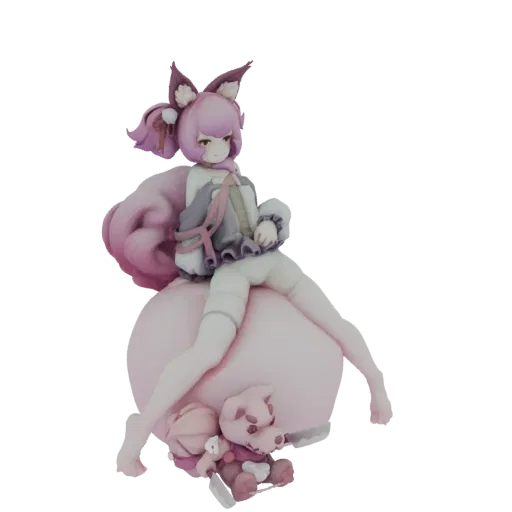 3D model of a cute pink fox girl with large ears and a fluffy tail, sitting on a pink ball with two plush toys at her feet.