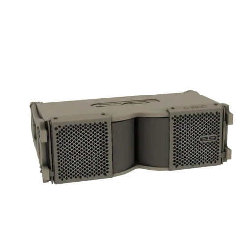 Modelo 3D de sistema de array linear modular com design industrial cinza, apresentando múltiplas unidades de alto-falante int