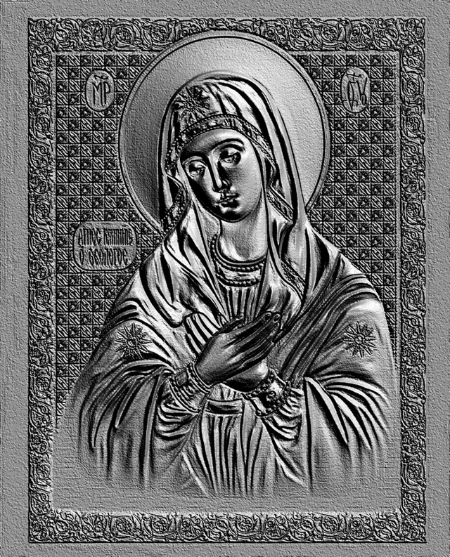 Modelo 3D de bajorrelieve de la Virgen de la Ternura en estilo clásico con marco ornamental