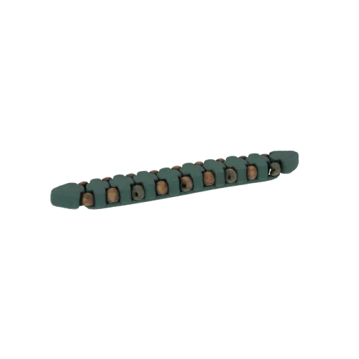3D-Modell eines grünen und braunen artikulierten Kabelketten-Glieds, das seine segmentierte, flexible Struktur zeigt.