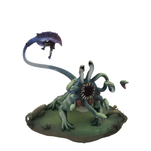 3D-Modell eines mehrköpfigen Hydra-Monsters im Kampf mit einem Krieger, wobei der Krieger im Schwanz des Wesens gefangen ist.