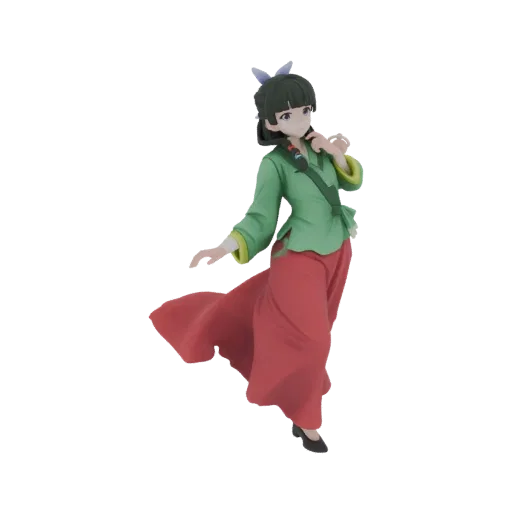 3D model of an anime girl with dark hair, wearing a green top and flowing red skirt, posed dynamically.