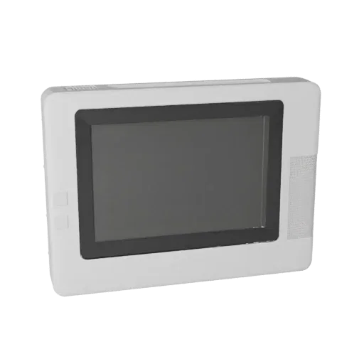 Minimal Smart Thermostat 3D model, three-quarter front view, Unity viewport, showing white plastic, form detail.