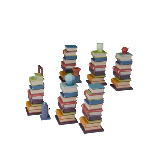 Cluttered Book Stack Low Poly 3D model, game viewport three-quarter view, showing ceramic, recognizable everyday shapes.