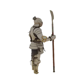 Modelo 3D de un guerrero samurái con armadura de placas completa, portando una naginata, visto de lado.