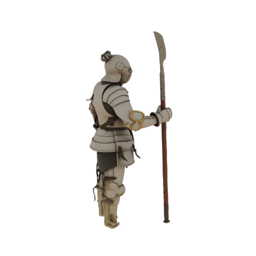 3D model of a samurai warrior in full plate armor, holding a naginata, viewed from the side.