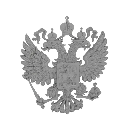 3D model render of a grey double-headed eagle emblem with crowns, scepter, and orb.