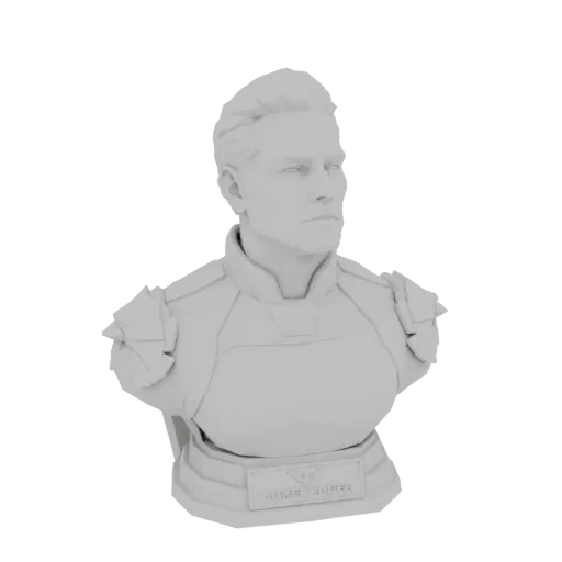 3D model render of a white bust of the character Homelander, with a nameplate on the base.