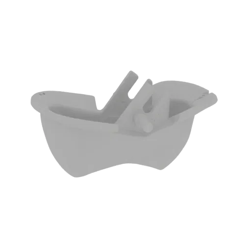 3D model of a white plastic egg separator with clips for attaching to a bowl, designed for separating egg yolks from whites.