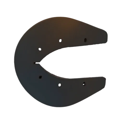3D render of a dark, matte C-shaped metal bracket with visible bolt holes, isolated on a black background.