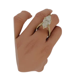 A 3D render of a pear-cut diamond engagement ring with a pavé band, displayed on a hand.