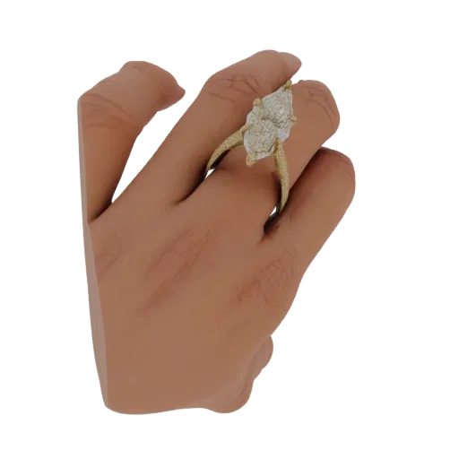 A 3D render of a pear-cut diamond engagement ring with a pavé band, displayed on a hand.