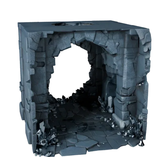 Crystal Cavern Room Realistic 3D model, three-quarter environment render, showing aged stone, built remnants.