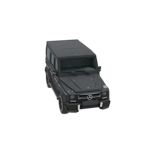 Um modelo 3D de um Mercedes-Benz G-Wagon cinza escuro, visto de um ângulo frontal de três quartos contra um fundo branco.
