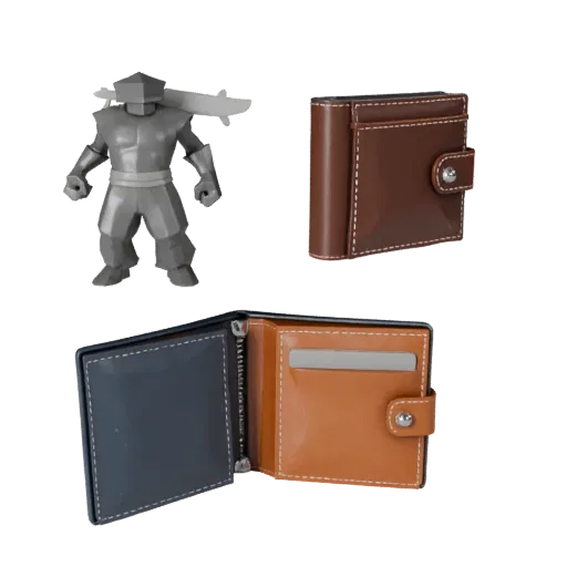 Utility Wallet Low Poly 3D model, game viewport three-quarter view, showing metal, small wearable silhouette.