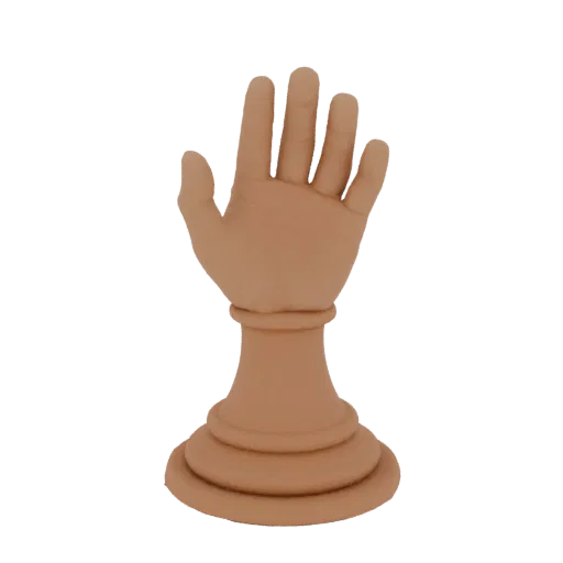 3D hand model with open palm on round stand, black background
