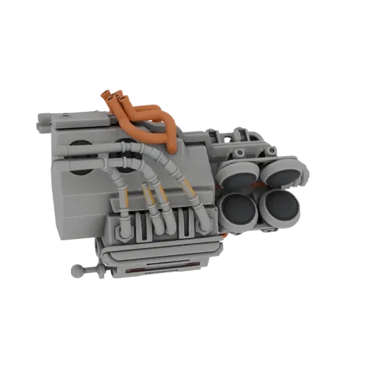 3D model of a complex sci-fi engine component with grey casing, orange pipes, and circular exhaust ports.