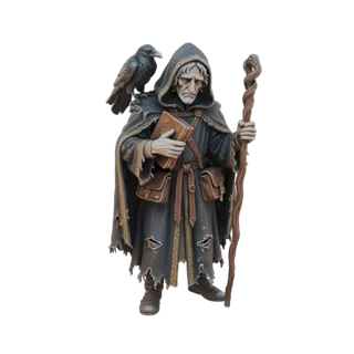 3D-Modell eines düsteren Wanderers mit einem Raben auf der Schulter, der ein Buch und einen Stab hält, vor weißem Hintergrund