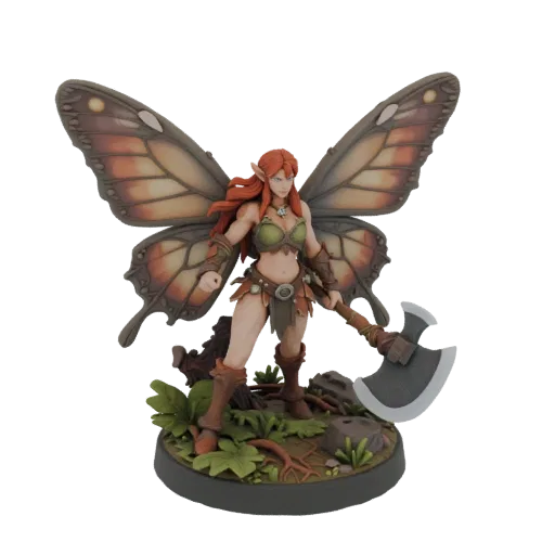 3D model of a warrior fairy with red hair, butterfly wings, and a double-bladed axe, standing on a forest base.