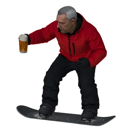 3D model of a man snowboarding while holding a beer mug, wearing a red jacket and black pants.