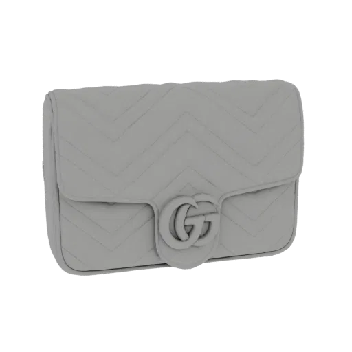 Modèle 3D d'un sac bandoulière Gucci Marmont Matelassé gris clair, matelassage chevron et logo GG.