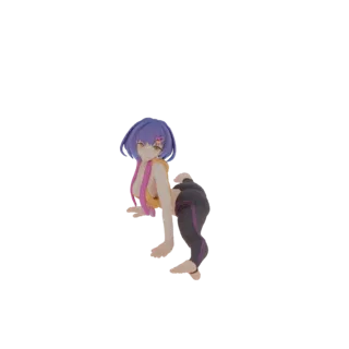 3D-Modell eines Anime-Mädchens mit lila Haaren in einer dynamischen Yoga-Pose, gekleidet in ein gelbes Oberteil und gestreift
