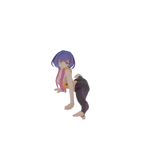 Modelo 3D de uma garota anime com cabelo roxo em uma pose de yoga dinâmica, vestindo um top amarelo e leggings listradas.