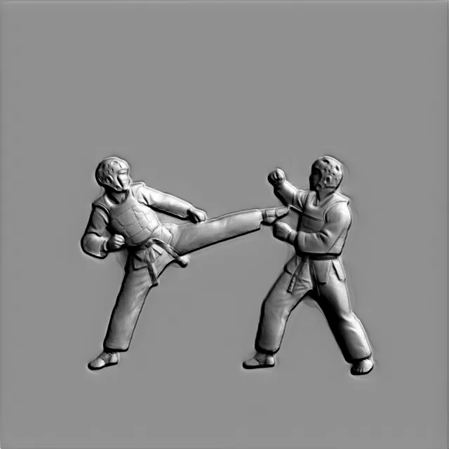 3D model of Taekwondo Kick Relief, showing two athletes in a dynamic fight