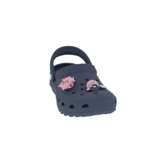Modelo 3D Jibbitz para Crocs forma pecho femenino, azul oscuro, con adornos rosas.