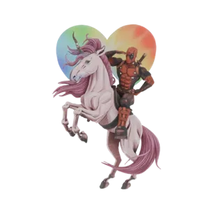 Modèle 3D de Deadpool dans son costume emblématique, chevauchant une licorne blanche à crinière et queue roses, devant un cœu