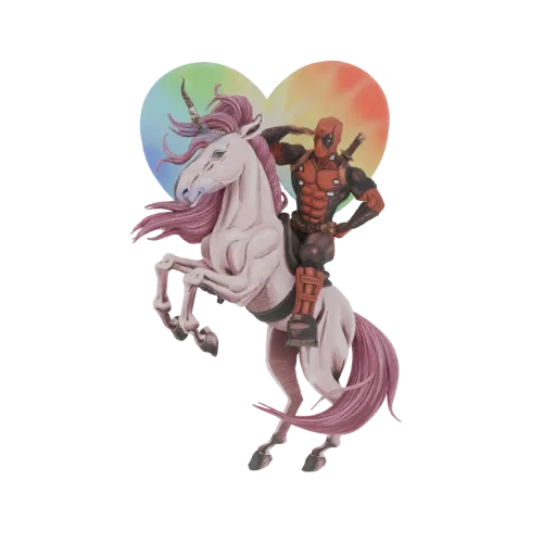 3D model of Deadpool in his iconic suit, riding a white unicorn with a pink mane and tail, in front of a rainbow-colored hear