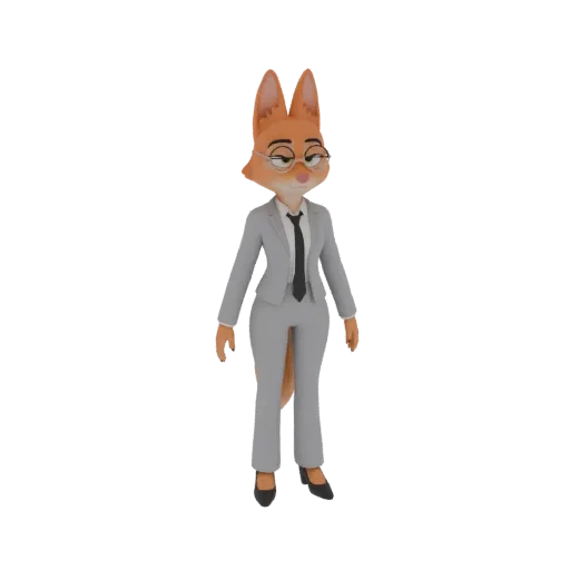 3D model of an anthropomorphic fox character dressed as a lawyer, wearing a grey suit, glasses, and tie.