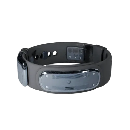 Luxury Fitness Band 3D model, three-quarter front view, AR viewer studio render, showing silicone, wearable fit.