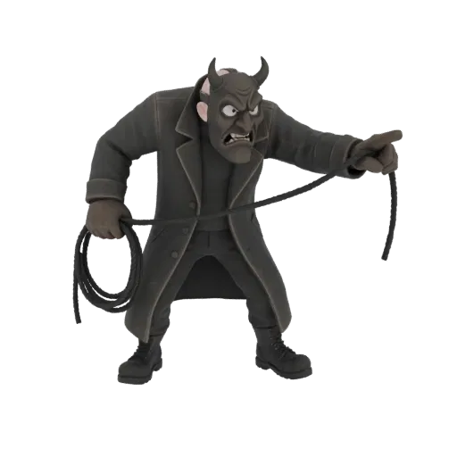 3D model of a devil character in a trench coat, holding a whip and pointing.