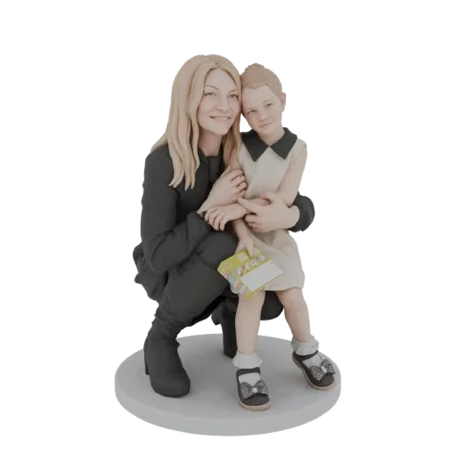 AI-generated 3D model of a mother with blonde hair hugging her young daughter, both smiling, on a white base.