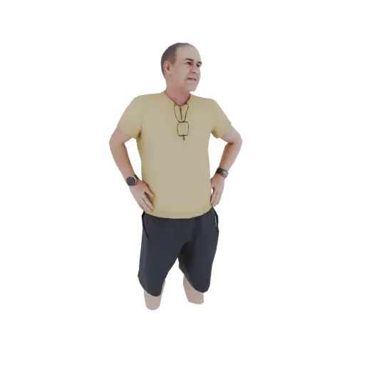 3D model of a man wearing a yellow t-shirt and black shorts, standing with hands on hips.