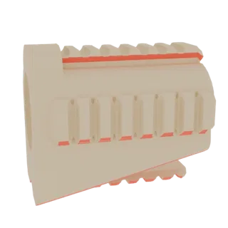 Rendu 3D d'un support tactique sur rail beige avec accents rouges sur les fentes, vu de côté.