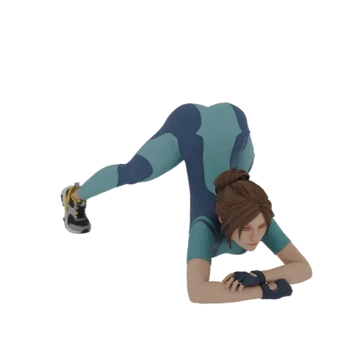 3D model of a woman in a flexible yoga pose, wearing a teal and blue athletic suit, with a focused expression.