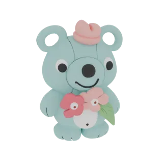 Ein 3D-Rendering eines niedlichen, hellblauen Teddybären mit einer rosa Schleife, der einen Strauß aus rosa und weißen Blumen